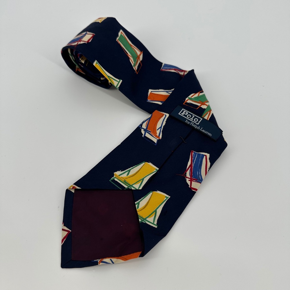 Vintage Polo Ralph Lauren Navy Silk Tie Beach Chair Novelty Print Made USA Mens